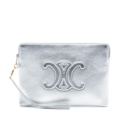 Celine AB Celine Silver Calf Leather Metallic skin Cuir Triomphe Zip Pouch Italy