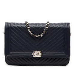 Chanel AB Chanel Blue Navy Lambskin Leather Leather Chevron Lambskin Boy Wallet on Chain Italy