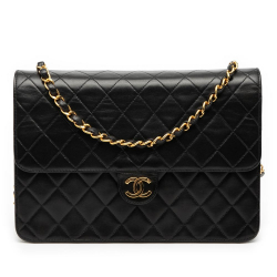 Chanel B Chanel Black Lambskin Leather Leather Medium CC Quilted Lambskin Single Flap France