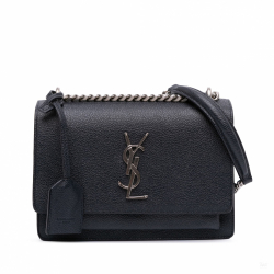 Saint Laurent Sunset Grained Calfskin Leather Flap Crossbody Blue