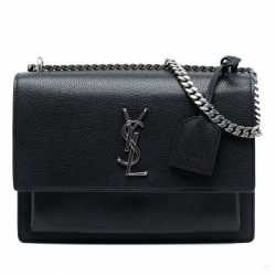 Saint Laurent Sunset Grained Calfskin Leather Flap Crossbody Black