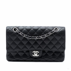 Chanel Classic Double Flap Medium Caviar Leather Matelassè Shoulder Bag Black