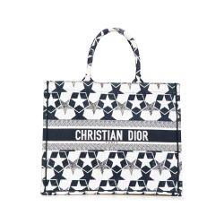 Christian Dior AB Dior Blue Navy Canvas Fabric Large Embroidered Lucky Star Book Tote Italy