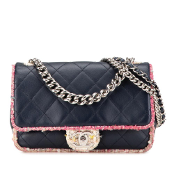 Chanel B Chanel Blue Navy Lambskin Leather Leather Quilted Lambskin and Tweed Elegant Trim Flap Italy