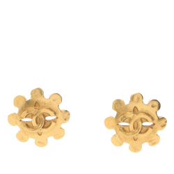Chanel B Chanel Gold Gold Plated Metal CC Floral Clip On Earrings France