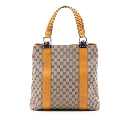 Gucci AB Gucci Brown Beige with Yellow Canvas Fabric Large GG Bamboo Libeccio Tote Italy