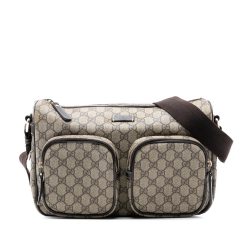 Gucci B Gucci Brown Beige Coated Canvas Fabric GG Supreme Double Pocket Crossbody Italy