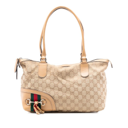 Gucci AB Gucci Brown Beige Canvas Fabric GG Horsebit Web Handbag Italy