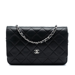 Chanel B Chanel Black Lambskin Leather Leather CC Quilted Lambskin Wallet On Chain Italy