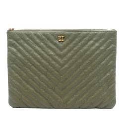 Chanel AB Chanel Green Olive Green Caviar Leather Leather Medium Chevron Caviar O Case Clutch Italy