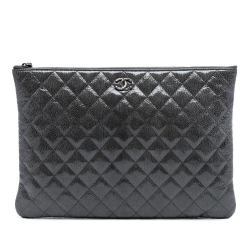 Chanel AB Chanel Black Patent Leather Leather Large Quilted Iridescent Patent O Case Clutch Italy