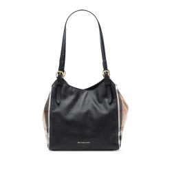 Burberry B Burberry Black with Brown Beige Calf Leather Small and House Check Canvas Canterbury Tote Italy