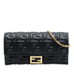 Fendi Black Nappa Leather Leather Zucca Embossed Nappa Baguette Continental Wallet With Chain Italy