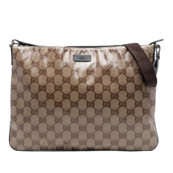 Gucci B Gucci Brown Beige Coated Canvas Fabric GG Crystal Crossbody Italy