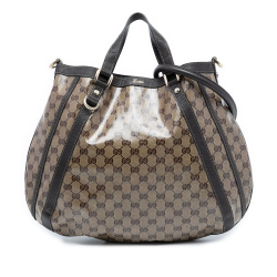 Gucci B Gucci Brown Beige Coated Canvas Fabric GG Crystal Abbey D Ring Convertible Tote Italy