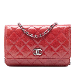 Chanel AB Chanel Red Goatskin Leather Paris Dallas CC Quilted Patent Wallet on Chain Italy