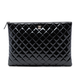 Chanel AB Chanel Black Patent Leather Leather Large Quilted Patent O Case Clutch Italy