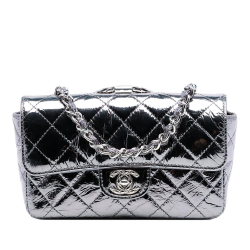 Chanel AB Chanel Silver Calf Leather Mini Quilted Metallic skin Ring Top Handle Flap France