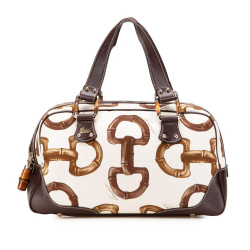 Gucci B Gucci White with Brown Dark Brown Canvas Fabric Printed Bamboo Horsebit Handbag Italy