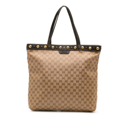Gucci B Gucci Brown Beige Coated Canvas Fabric GG Crystal Babouska Tote Italy