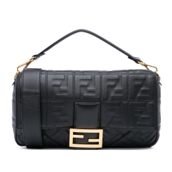 Fendi B Fendi Black Calf Leather Large Zucca Embossed Baguette Satchel Italy