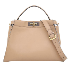 Fendi B Fendi Brown Beige Calf Leather Medium Peekaboo Iconic Satchel Italy