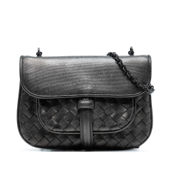 Bottega Veneta Gray Mini Metallic Nappa Intrecciato Chain Flap Crossbody Italy