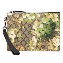 Gucci B Gucci Brown Beige Coated Canvas Fabric GG Supreme Blooms Clutch Italy