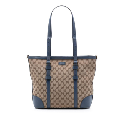 Gucci B Gucci Brown Beige with Blue Canvas Fabric GG Convertible Tote Italy