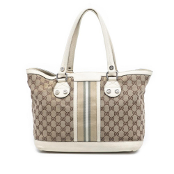 Gucci B Gucci Brown Beige with White Canvas Fabric GG Web Sunset Tote Italy