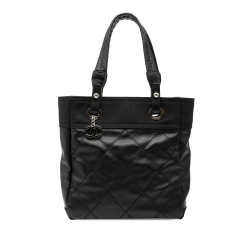 Chanel AB Chanel Black Coated Canvas Fabric Small Quilted Paris Biarritz Tote Italy