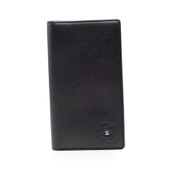 Chanel AB Chanel Black Calf Leather CC skin Camellia Long Wallet France