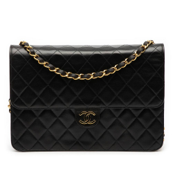 Chanel B Chanel Black Lambskin Leather Leather Medium CC Quilted Lambskin Single Flap France