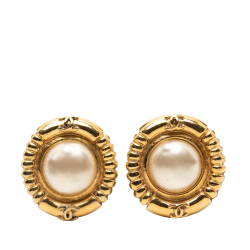 Chanel B Chanel Gold Gold Plated Metal CC Faux Pearl Round Clip on Earrings France