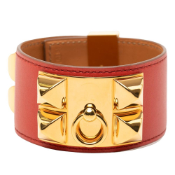Hermès B Hermès Red with Gold Calf Leather Swift and Gold Plated Collier de Chien Bracelet France