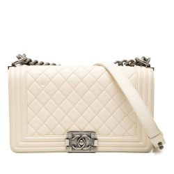 Chanel B Chanel White Ivory Caviar Leather Leather Old Medium Quilted Caviar Boy Flap France