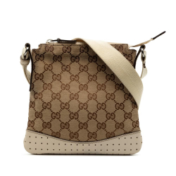 Gucci B Gucci Brown Beige Canvas Fabric GG Perforated Crossbody Italy