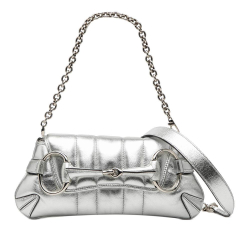 Gucci AB Gucci Silver Calf Leather Small Metallic Quilted Horsebit Chain Satchel Italy