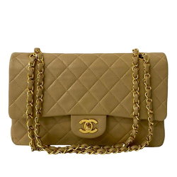 Chanel B Chanel Brown Beige Lambskin Leather Leather Medium Classic Lambskin Double Flap France