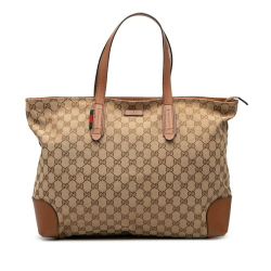 Gucci B Gucci Brown Beige Canvas Fabric GG Web Tote Italy