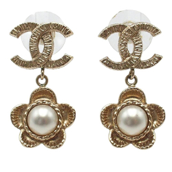 Chanel AB Chanel Gold Light Gold Gold Plated Metal CC Faux Pearl Flower Drop Push Back Earrings Italy