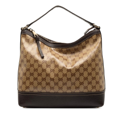 Gucci B Gucci Brown Beige Coated Canvas Fabric GG Crystal Shoulder Bag Italy