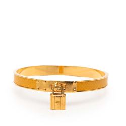 Hermès B Hermès Yellow with Gold Calf Leather Gold Plated Epsom Kelly Cadena Lock Bangle Bracelet France
