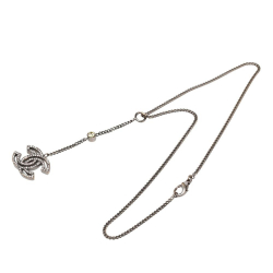 Chanel AB Chanel Silver Silver Plated Metal Rhinestone CC Drop Pendant Necklace France