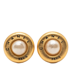 Chanel AB Chanel Gold with White Pearl Gold Plated Metal Faux Pearl Logo Round Clip on Earrings France