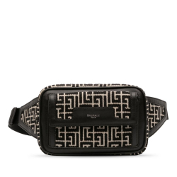 Balmain AB Balmain Black with Brown Light Beige Jacquard Fabric Monogram Leather Trimmed Belt Bag Italy