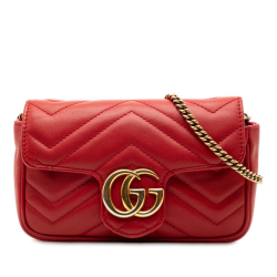 Gucci B Gucci Red Calf Leather Mini GG Marmont Matelasse Flap Crossbody Italy