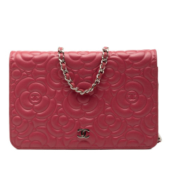 Chanel Pink Dark Pink Lambskin Leather Leather CC Embossed Lambskin Camellia Wallet On Chain Italy
