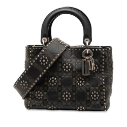 Christian Dior B Dior Black Calf Leather Medium skin Cannage Embossed Flower Studded Supple Lady Dior Italy