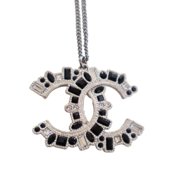 Chanel AB Chanel Silver with Black Silver Metal Ruthenium Plated CC Crystal Pendant Necklace France
